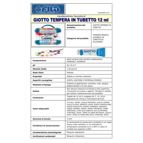 Tempere GIOTTO Extra 12 ml assortiti scatola 12 tubetti + 1 pennello 30410000
